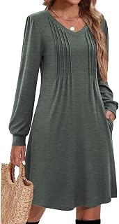 Zeagoo Vestidos de otoño para mujer, manga larga, casual, plisado, cuello en V, vestido de túnica acampanado, 2026