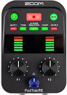 Zoom PodTrak P2 Podcast Recorder with 2 USB Mic Inputs & AI Noise Reduction | 2 USB Mic Inputs, 2 Headphone Outputs, Tone and Comp Effects, SD Card, Battery Powered