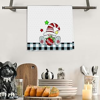 Christmas Gnome Hand Towel Believe Buffalo Plaid Holiday Kitchen and Bathroom Towel with Festive Stars and Santa Hat