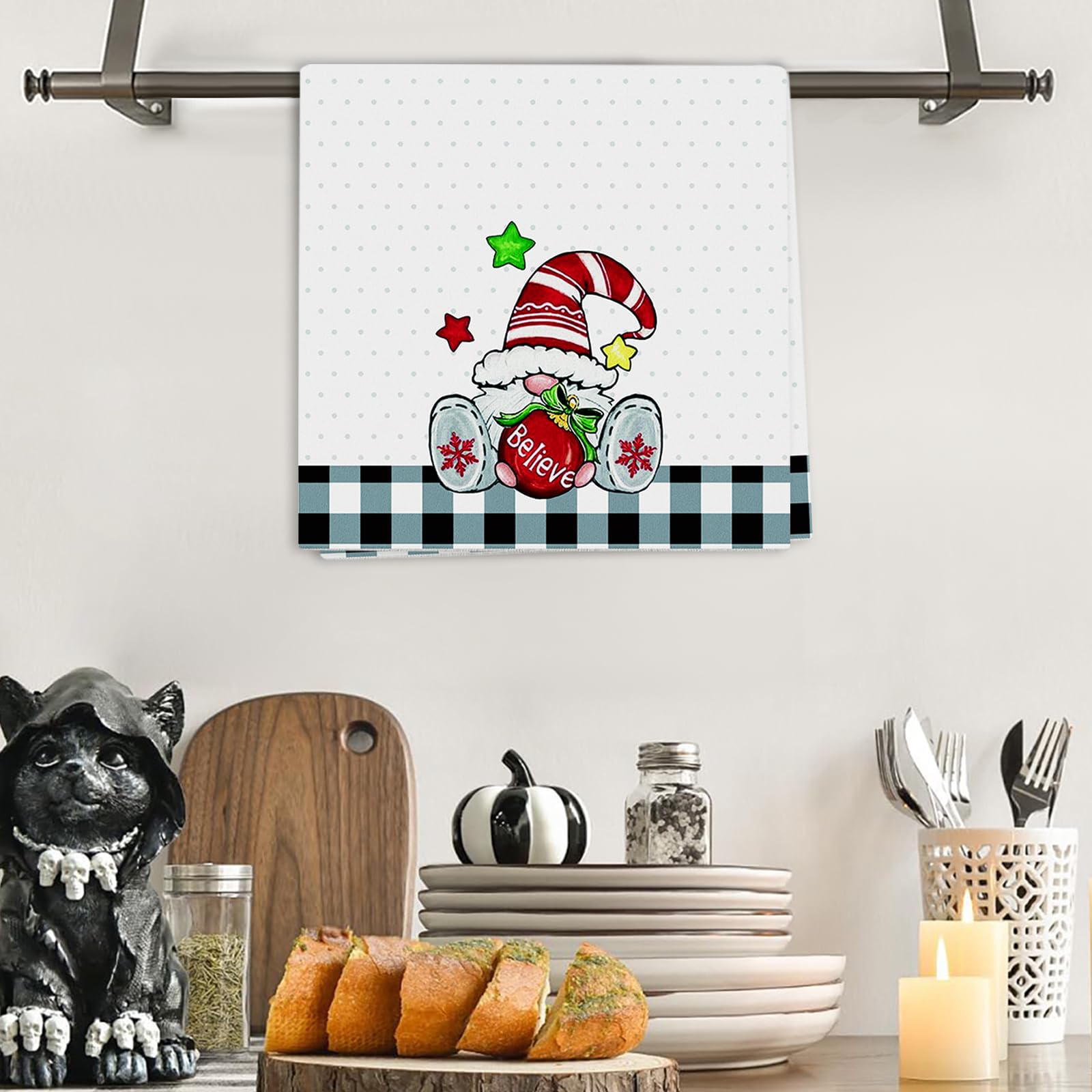 Christmas Gnome Hand Towel Believe Buffalo Plaid Holiday Kitchen and Bathroom To