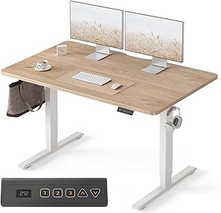 FEZIBO Standing Desk 47 x 24 Inch, Height Adjustable Desk with Memory Buttons, Electric Sit Stand Desk with 7th Gen Lift System, Home Office Table with Splice Board (Maple)