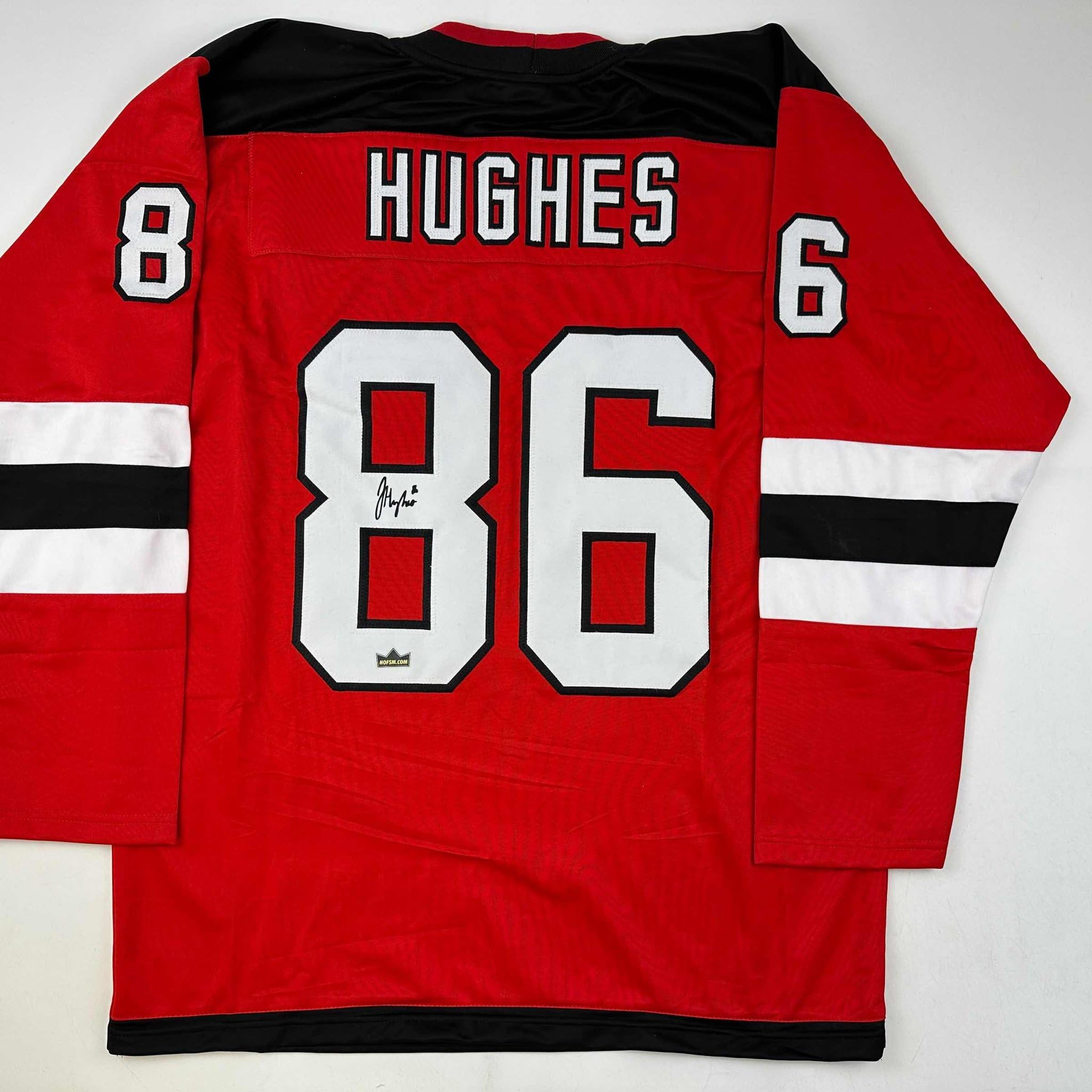 Facsimile Autographed Jack Hughes New Jersey Red Reprint Laser Auto Hockey Jerse