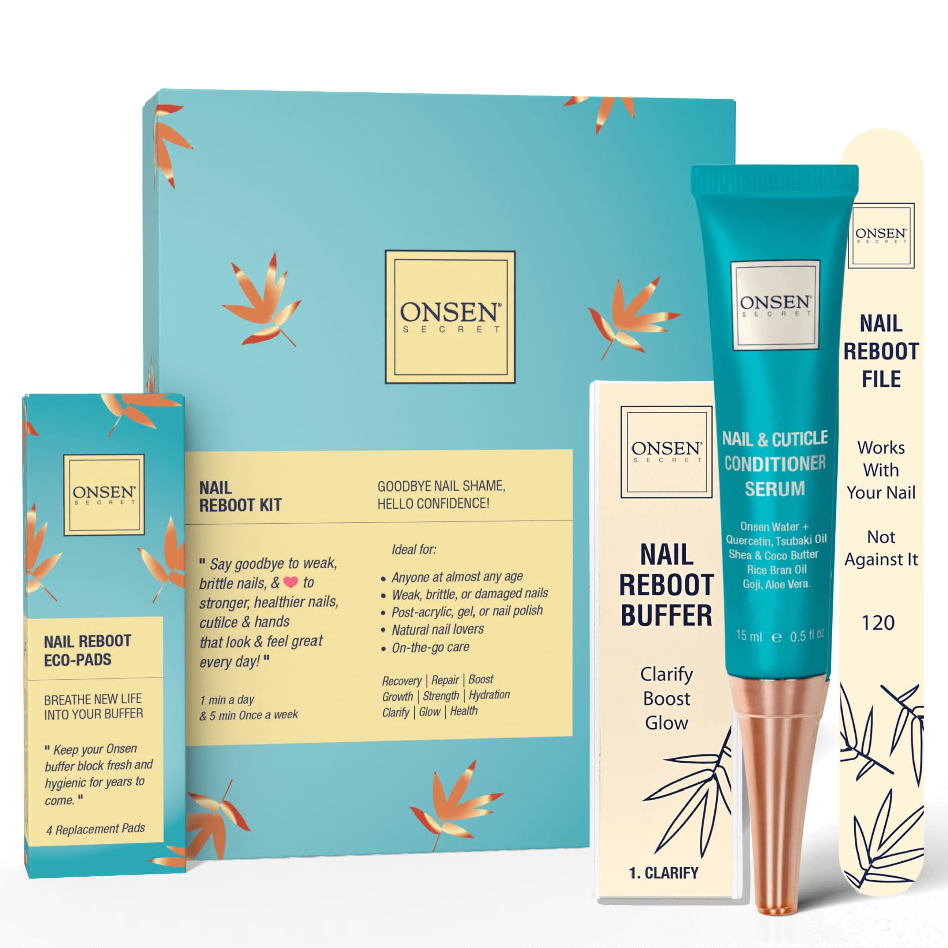 Onsen Secret Nail Care Kit - w/Cuticle Care Serum, Japanese Nail Buffer and Shin