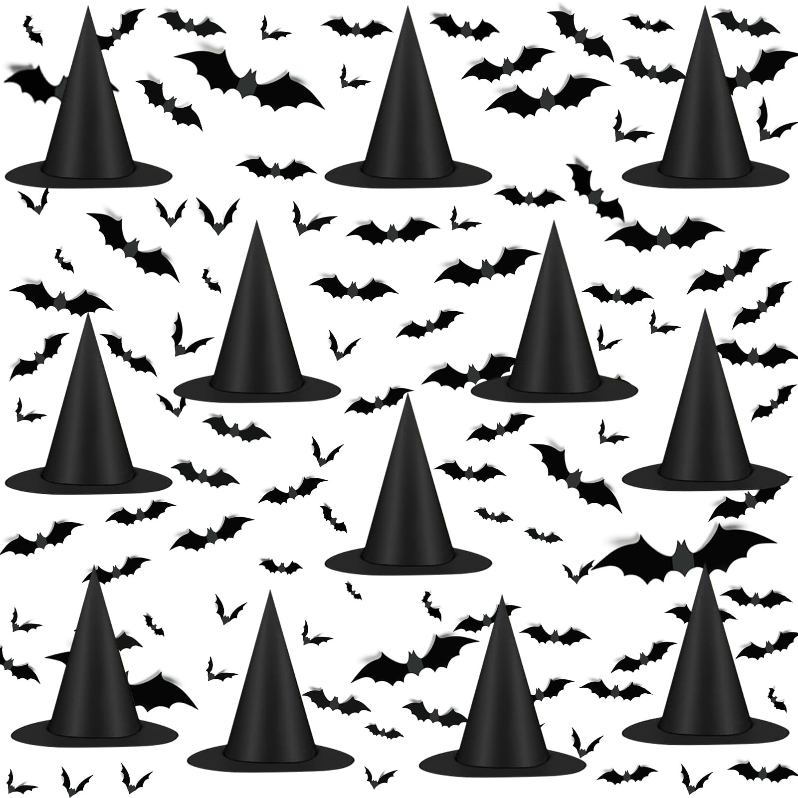 Famoby 12pcs Halloween Black Witch Hat with 157 FT Nylon Cord &120pcs Bat Sticke