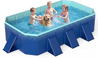 Goplus Foldable Non-Inflatable Swimming Pool, Portable Rectangle Around Ground Pool with 24 Hard Shell, Drain Hose, Outdoor Collapsible Kiddie Pool for Backyard Garden (88x50 in,Navy+Green)