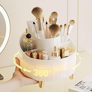 360° Rotating Makeup Organizer Countertop With 6 Slots - Brush Holder and Cosmetic Skincare Storage for Vanity, Desktop, Bathroom - Pink Accessories for Women and Girls
