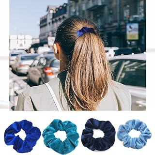 Velvet Hair Scrunchies 4 Pack Soft Elastic Bands for Women Thick Hair Wrinkle Free Elastic Ponytail Holder Hair Ties (Royal Blue, Navy Blue, Light Blue, Sea Blue)