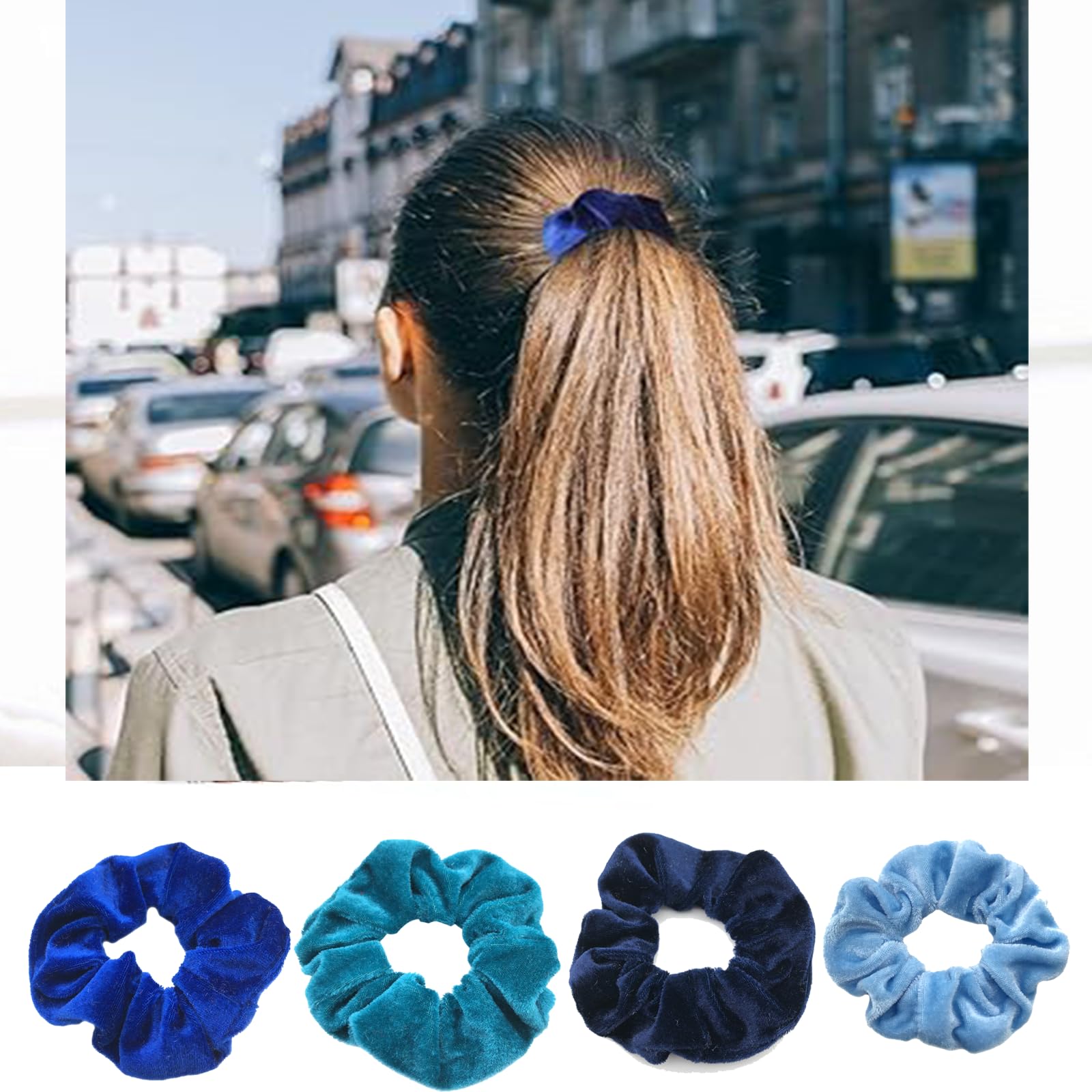 Velvet Hair Scrunchies 4 Pack Soft Elastic Bands for Women Thick Hair Wrinkle Fr