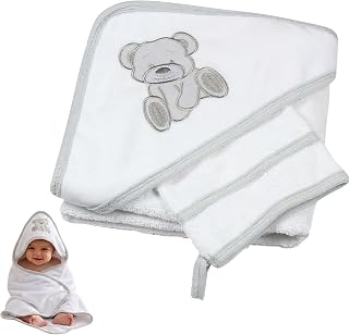 Trois Kilos Sept - Cape de Bain Bébé avec Capuche et Gant - Velours Doux - Serviette Éponge - Cadeau Naissance - Mixte Garçon et Fille - Motif Ourson - 70x70cm