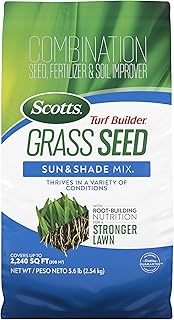 Scotts Turf Builder Grass Seed Sun & Shade Mix, 5.6 lbs. | Grass Seed Plus Lawn Fertilizer and Soil Improver, Thrives in Many Conditions, Covers Up To 2,240 sq. ft.