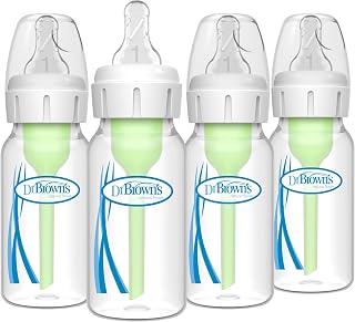 Dr. Brown's Anti-Colic Options+ Narrow Baby Bottle, Clear, 4 oz, 4-Pack | Clinically Proven to Reduce Colic, Pack of 4 Baby Bottles with Level 1 Slow Flow Nipples, 0m+, BPA-Free