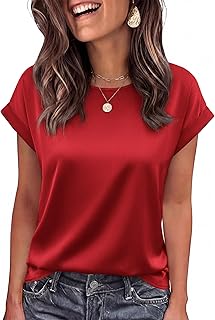 BTFBM Sommer-Tops für Damen, elegante Satin-Blusen, lockerer Rundhalsausschnitt, kurzärmelig, für Arbeit, Business, Freizeit, Outfit
