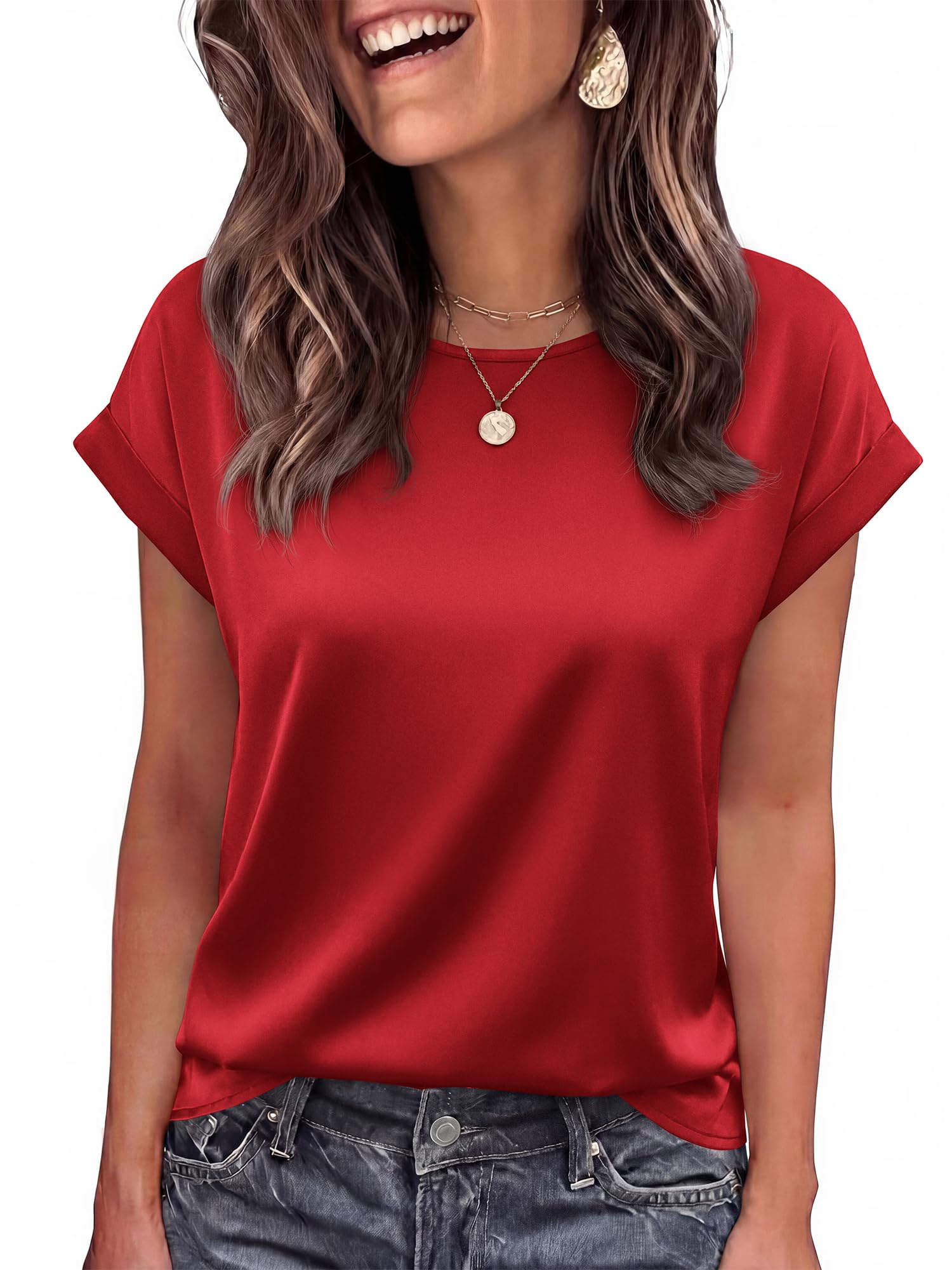 BTFBM Sommer-Tops für Damen, elegante Satin-Blusen, lockerer Rundhalsausschnitt,