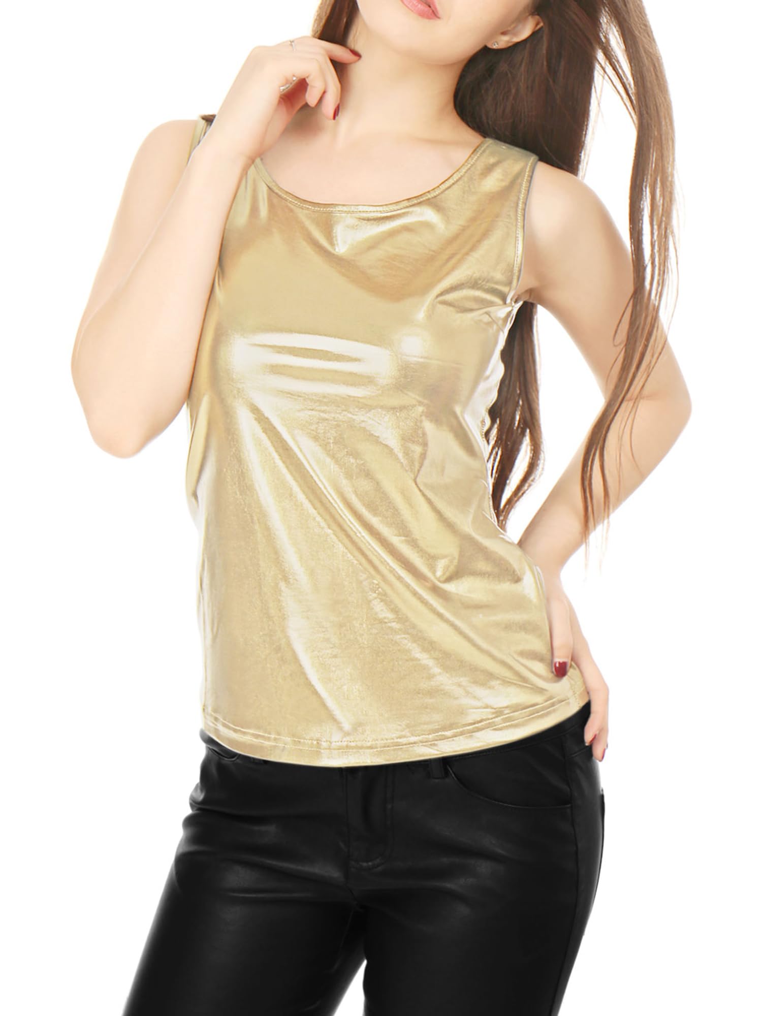 Allegra K Women's Shiny Party Club Cami Sparkly Metallic Tank Top
