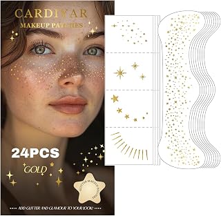 Glitter Freckles, 24PCS Glitter Freckles Face Tattoo, Sparkle Freckles for Women, Waterproof Gold Temporary Face Tattoos Glitter Glow Up Patches Makeup Patches Mardi Gras Festival (Gold)