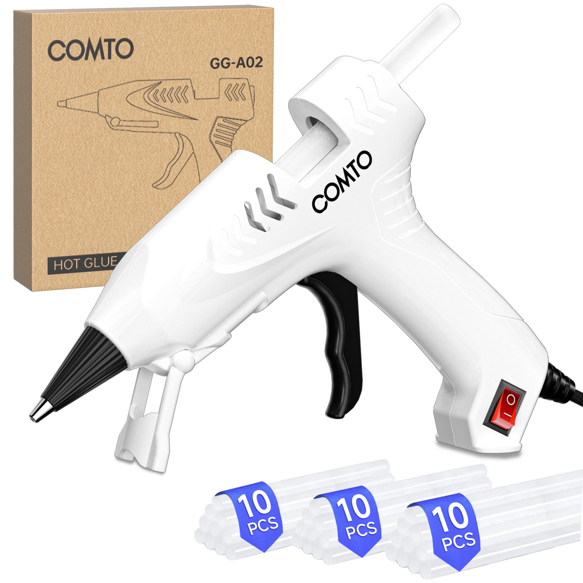 COMTO Mini Hot Glue Gun with 30 Glue Sticks, White | 20W Fast Heat-Up, Precision