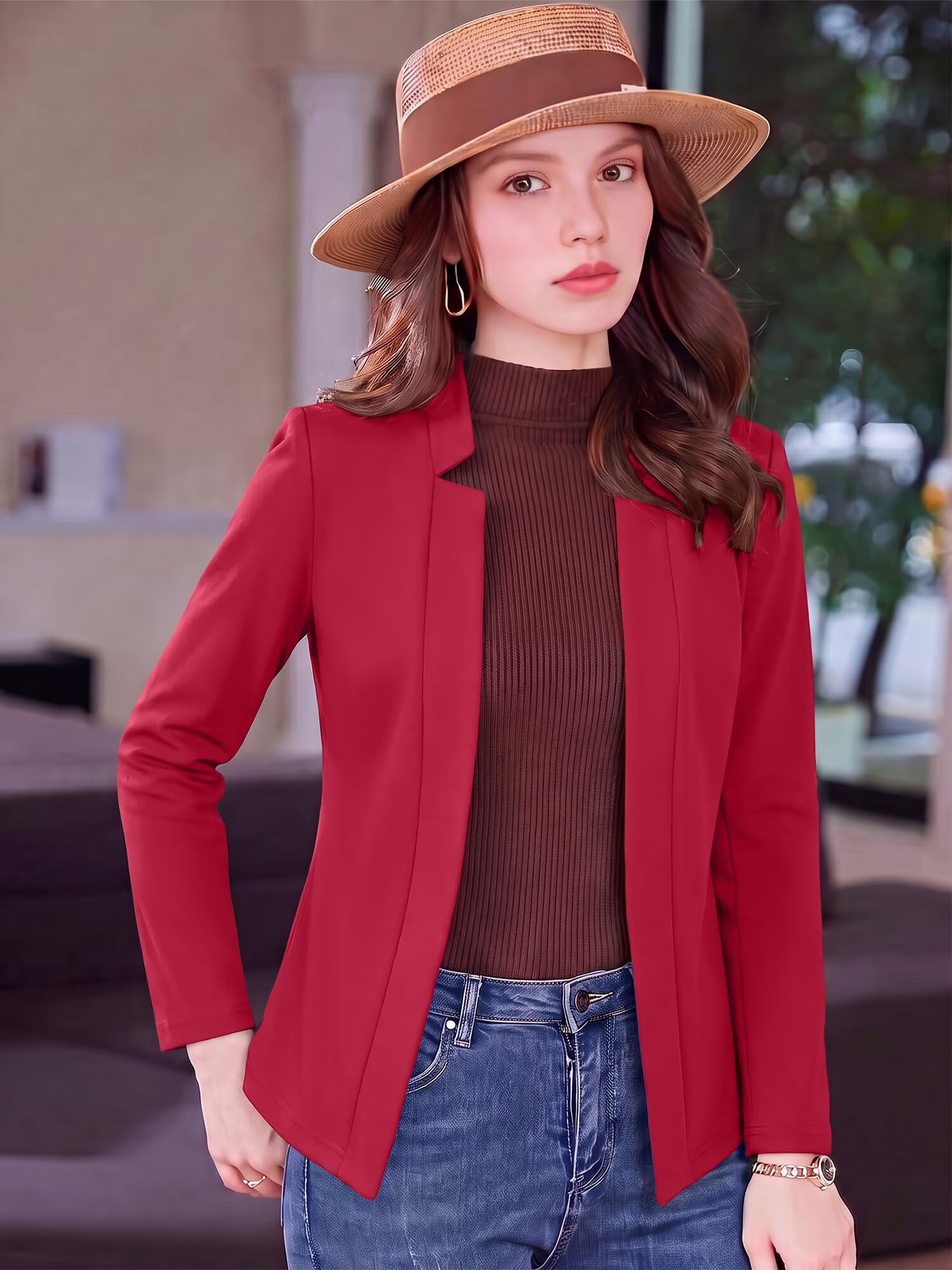 Stand Collar Stretch Jacket for Women Open Front Long Sleeve Daily Casual