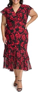 Tommy Hilfiger Women's Flutter Sleeve V-Neck Ruffle Trim Chiffon Hi Lo Dress