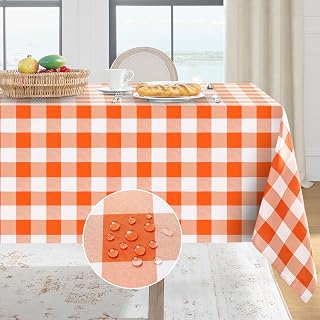 Softalker Vichy Checkered Tablecloth Square - Waterproof Outdoor Buffalo Check Tablecloth, Stain Resistant and Washable Table Cover for Picnic, Camping, Dining Room - Orange and White