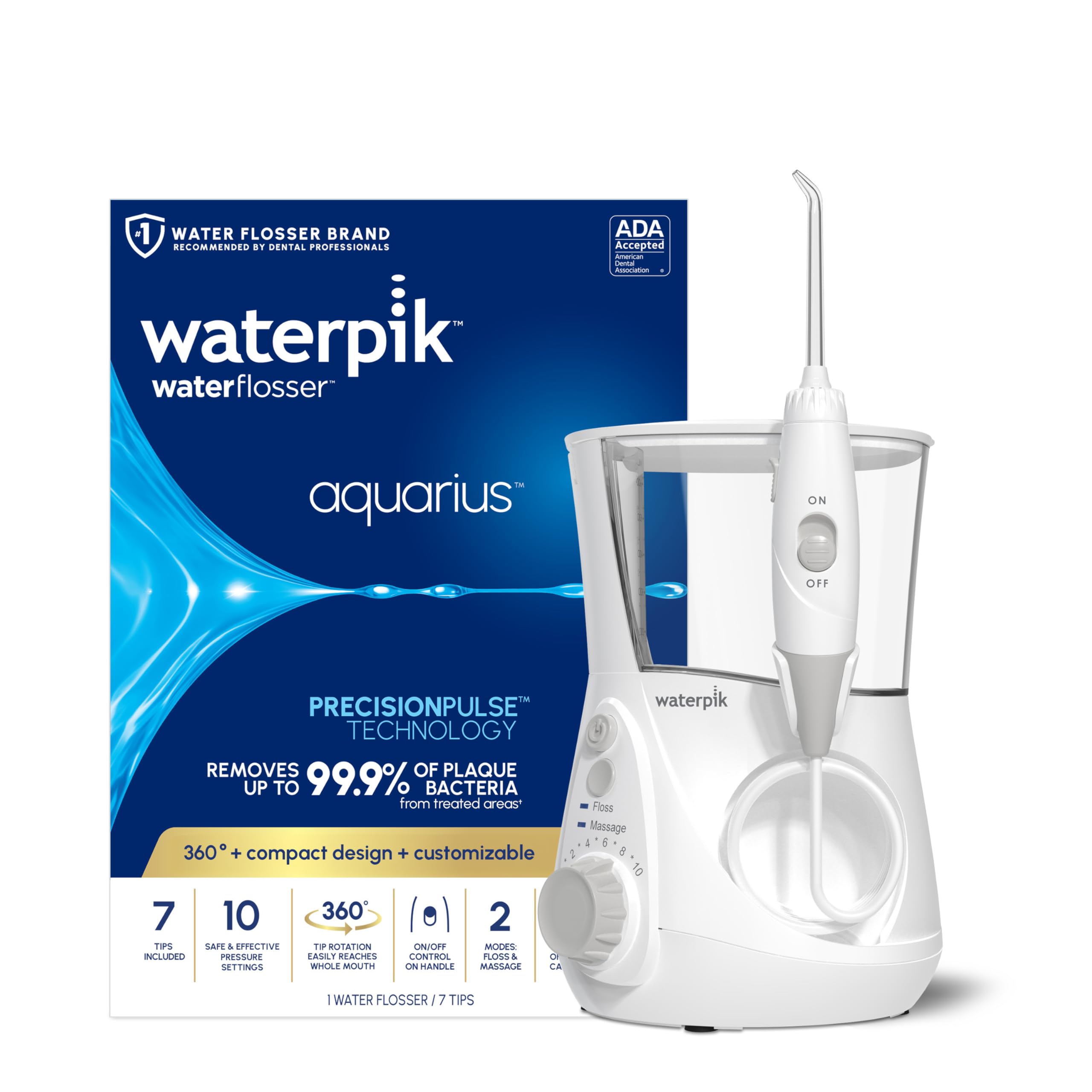 Waterpik Aquarius Countertop Water Flosser with 10 Settings, 7 Tips, White | For