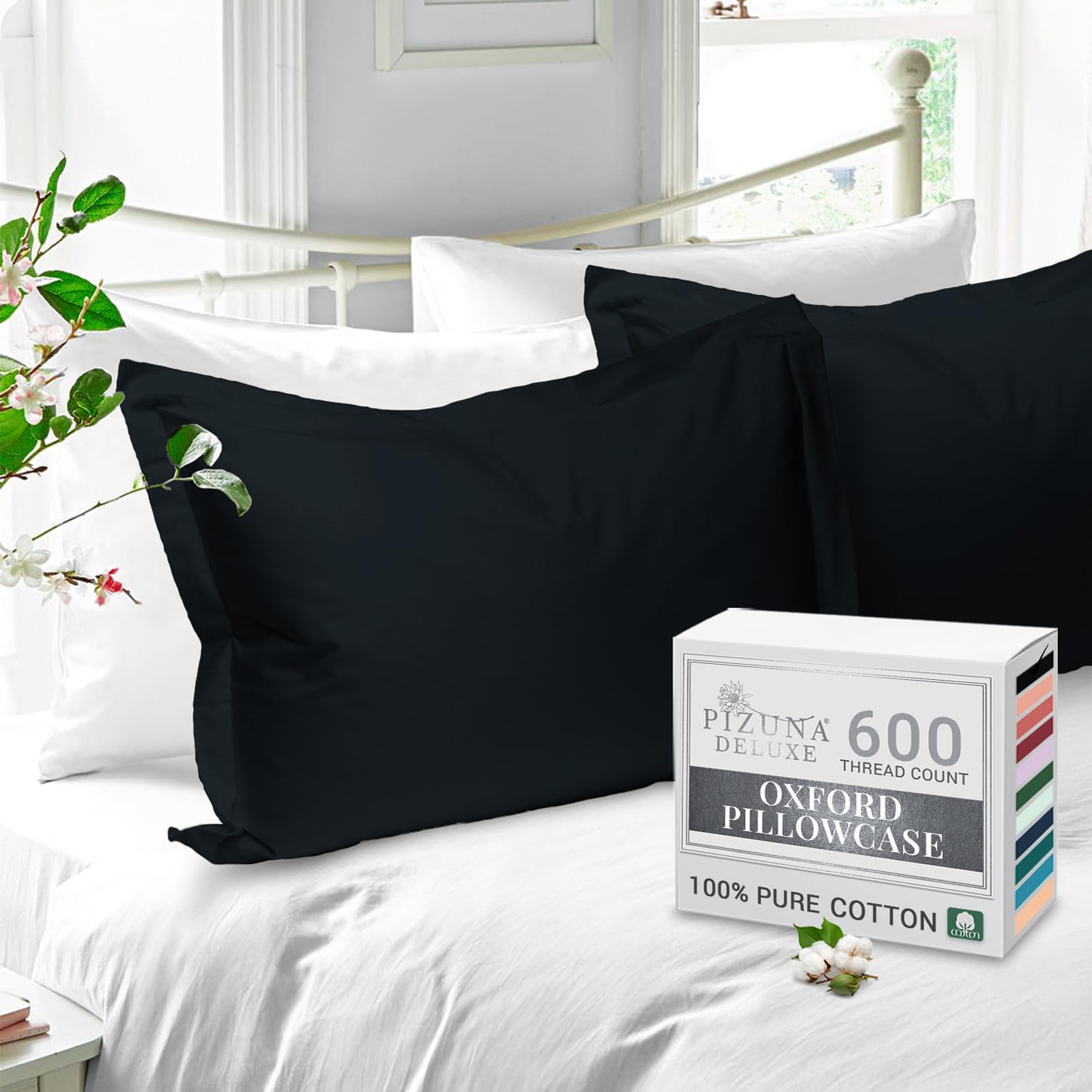 Pizuna Pure Cotton Standard Pillowcases 2 Pack Black 50x75 600 Thread Count