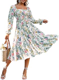 Amegoya Women's Boho Flowy Long Sleeve Square Neck Floral Midi Dress Smocked Spring Fall Wedding Guest Dresses
