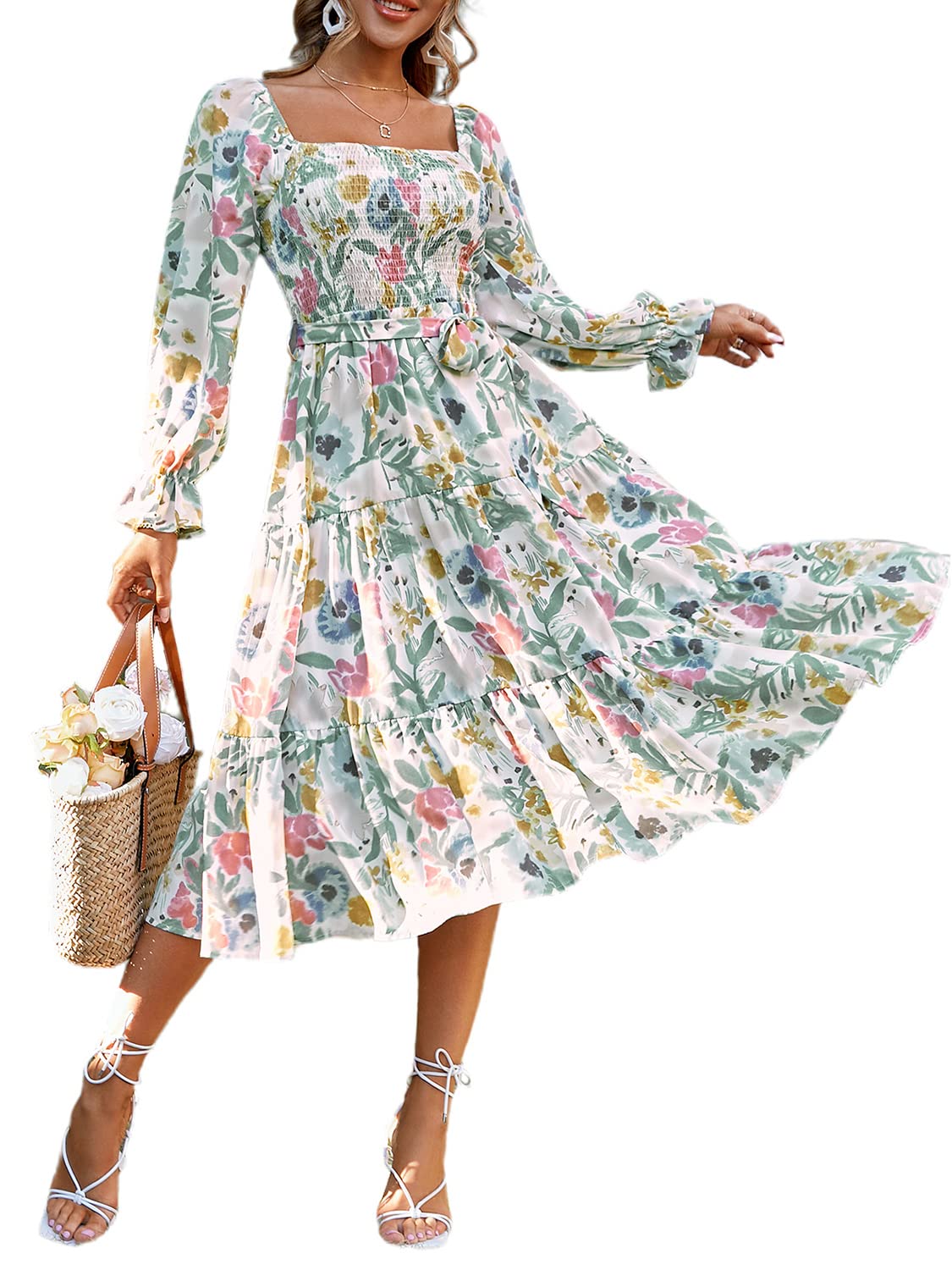 Amegoya Women's Boho Flowy Long Sleeve Square Neck Floral Midi Dress Smocked Spr
