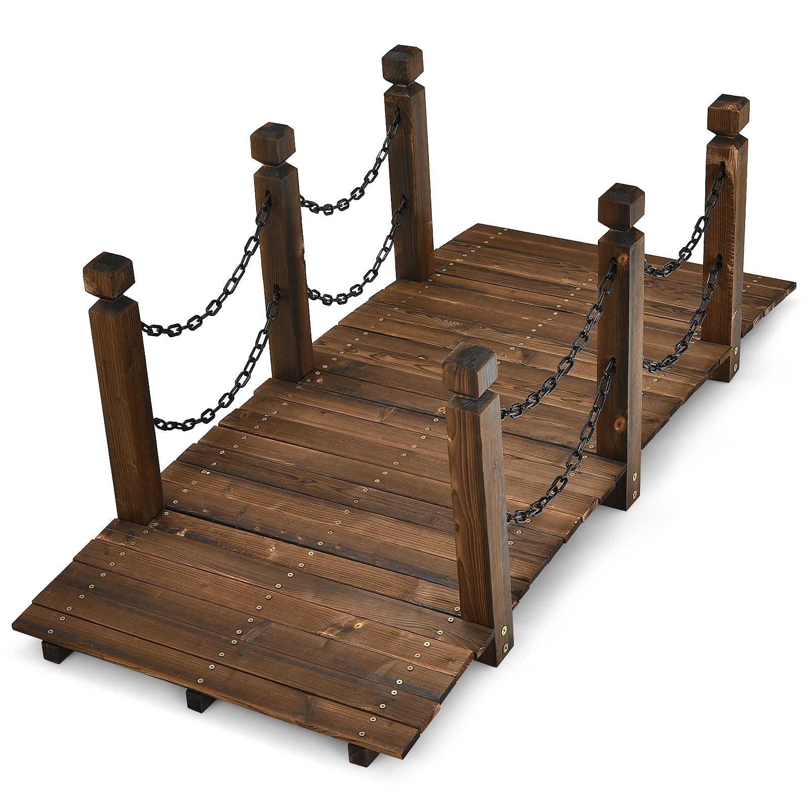 GIANTEX 5 FT Wooden Garden Bridge, Stained Wood Arc Footbridge with Chain Railin