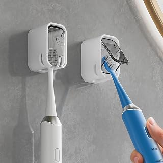 Bathroom Toothbrush Holder Wall Mount - Self Adhesive Electric Toothbrush Holder with Shower Cover Innovative Single Slot Dustproof Toothbrush Dispenser Storage Organizer for Kids Grey