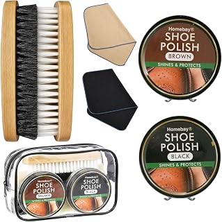 6pc Black & Brown Shoe Polish Kit For Leather Shoes With Carry Pouch | Ideal for Home & Travel With 2 Wax Boot Polish, 2 Shoe Brushes Set & 2 Shoe Polish Cloths For Military Shine & Protection