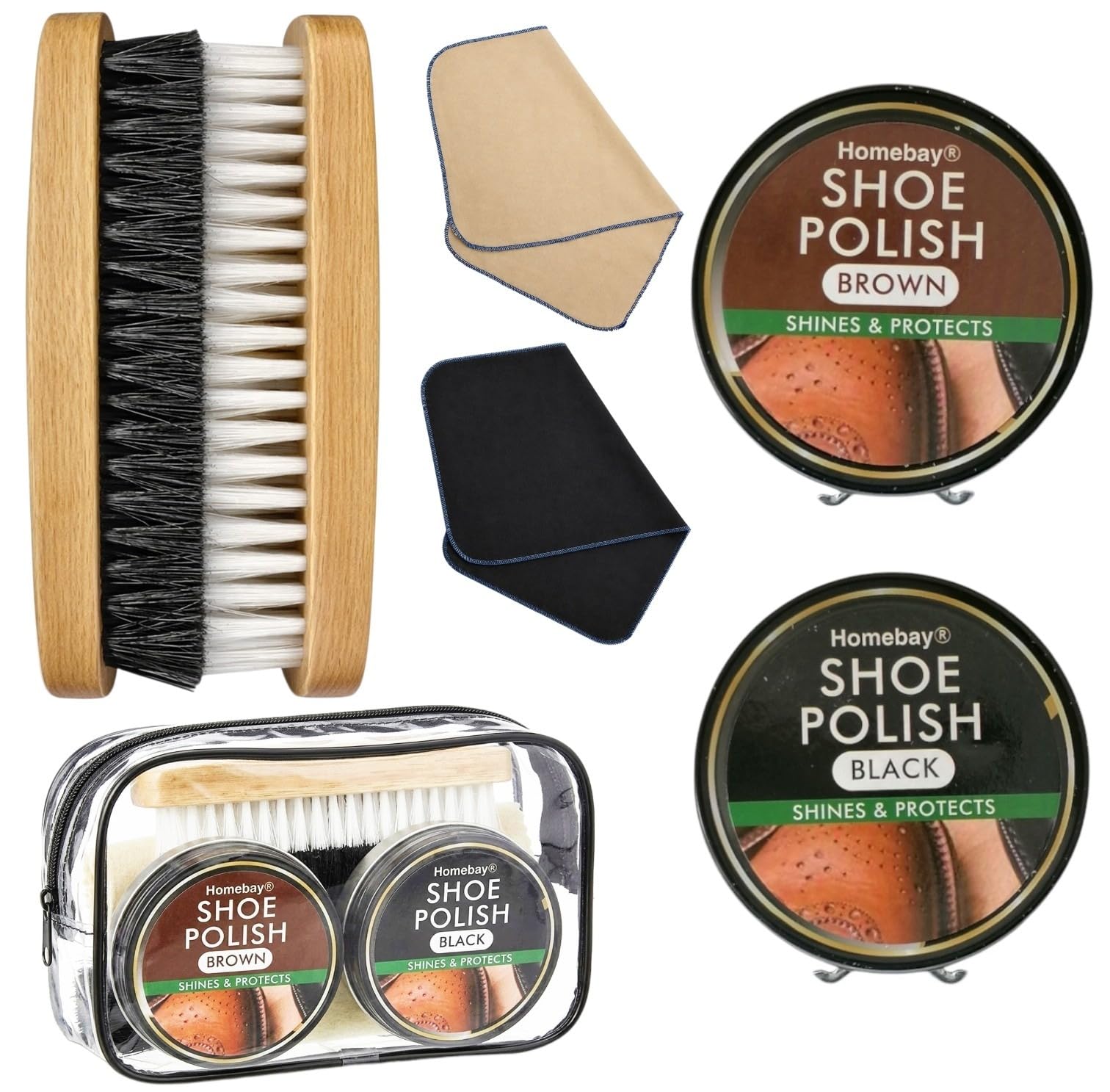 6pc Black & Brown Shoe Polish Kit For Leather Shoes With Carry Pouch | Ideal for