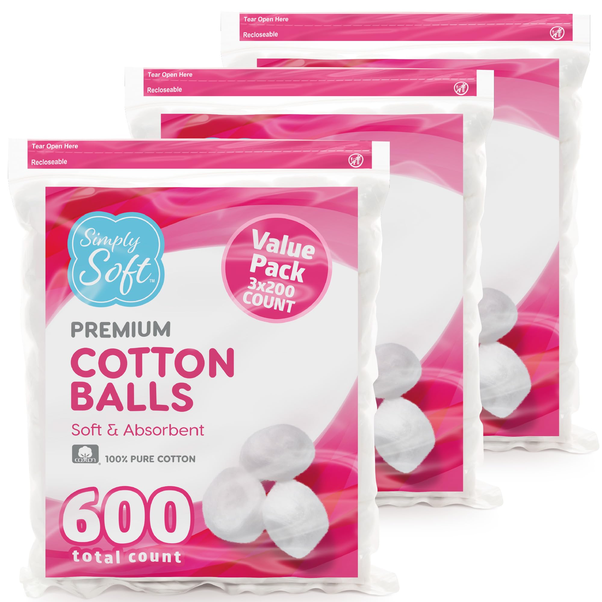 Simply Soft Premium Cotton Balls (600 Count), 100% Pure Cotton, Large Cotton Bal