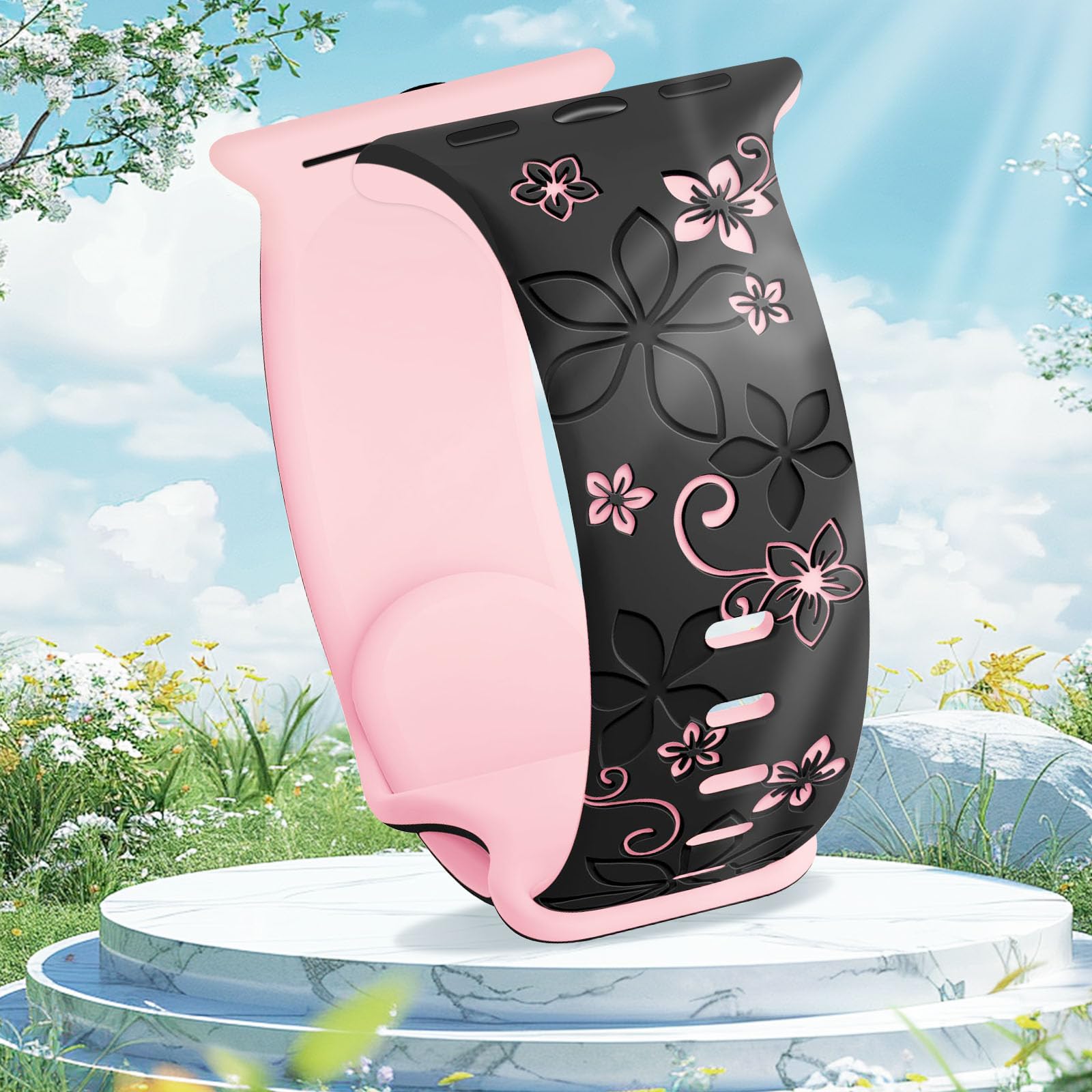 Floral Engraved Band Apple Watch Band Women 40mm 38mm 41mm 42mm 44mm 45mm 46mm 4