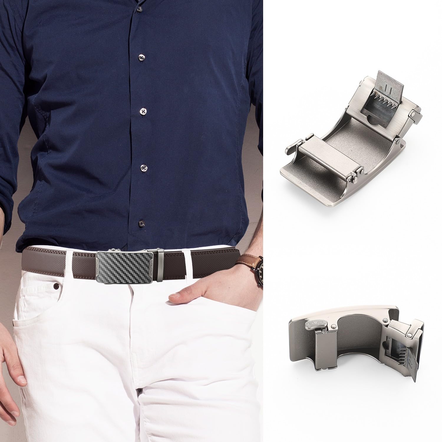 Adjustable Leather Belt Strap for Men and Zinc Alloy Automatic Ratchet Buckle, C