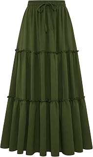 Arolina Women's Summer Maxi Skirt Trendy High Waist Pleated Ruffle Long Skirts Flowy Beach Boho Skirt Dress with Pockets