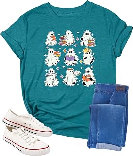 Halloween Teacher Shirts for Women Trick Or Teach Shirts Ghost T Shirt Bookish Tee Funny Cute Short Sleeve Tops