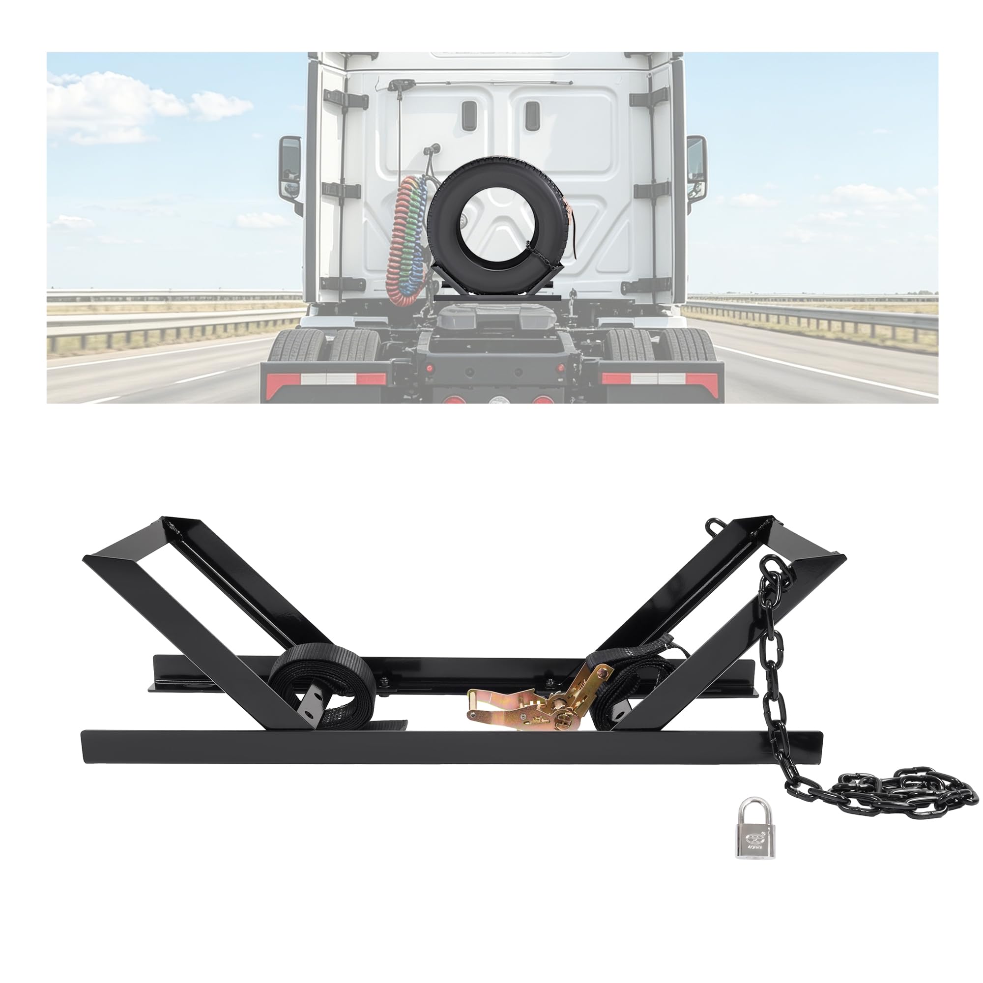 KUAFU Semi-Truck Spare Tire Carrier with Ratchet Strap Chain Truck Tire | Storag