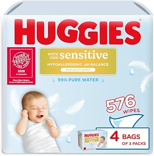 Huggies Extra Care Sensitive Baby Wipes - 12 Pack (576 Wipes) – Plastic Free Wet Wipes, 99% Water, Fragrance Free, Hypoallergenic, Extra Soft Texture with Soft Pillows