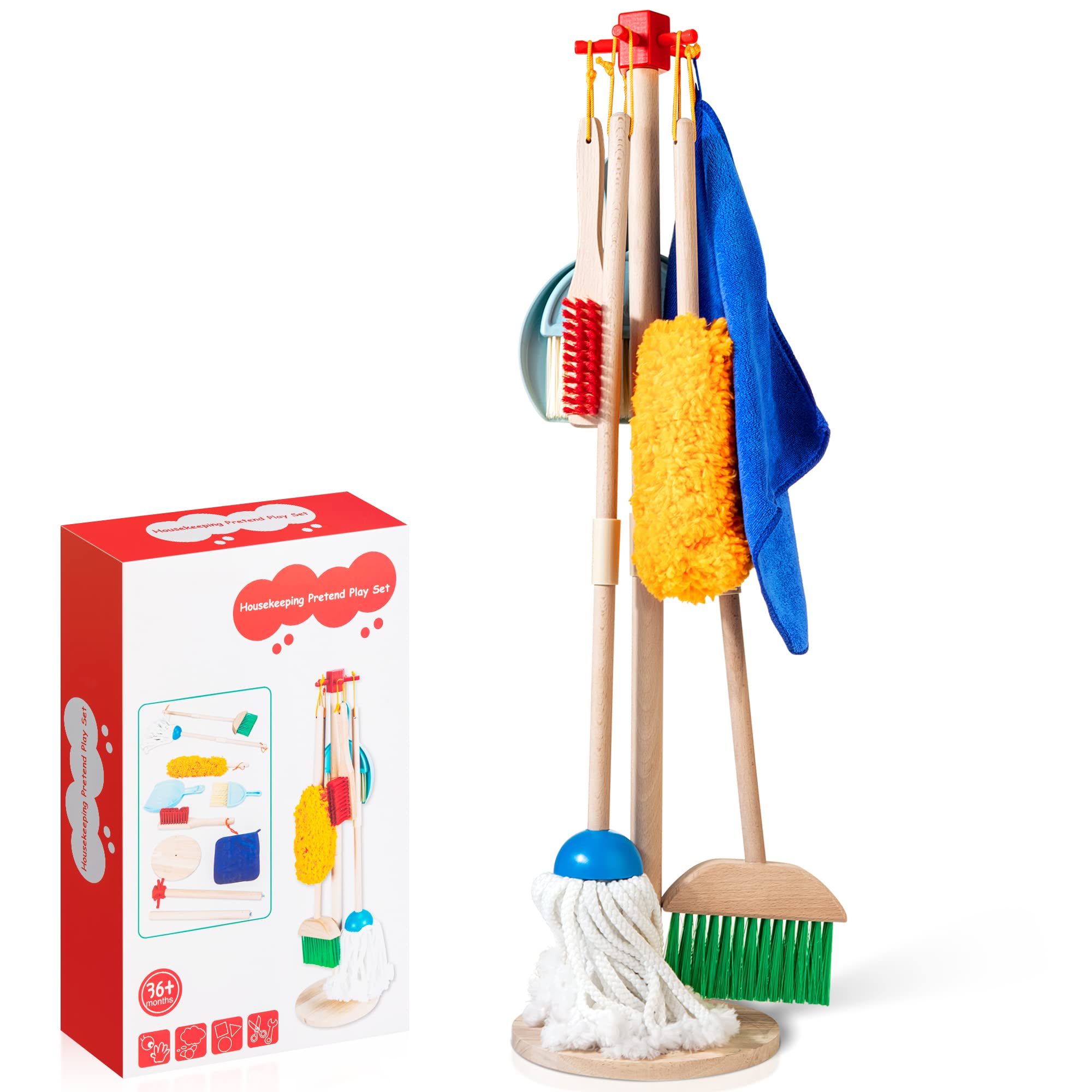 WOODMAM Wooden Kids Cleaning Set, Toddler Cleaning Toys with Broom and Mop | 8 P