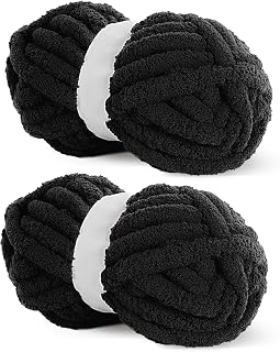 Hombys Black Chunky Chenille Yarn for Crocheting & Knitting, Super Bulky Thick Fluffy Yarn for Hand Knitting Blanket, Soft Plush Yarn, 2 Jumbo Packs (27 yds, 8 oz Each Skein)