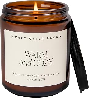 Sweet Water Decor Warm & Cozy Candle, 9oz Amber Glass Jar, Winter Scents | Cozy Scented Candle with Orange Peel, Cinnamon, Ginger & Clove Notes, Black Lid, 40+ Hour Burn Time, Poured in the USA