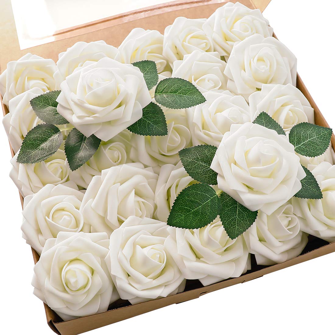 Floroom Artificial Flowers 25pcs Real Looking Ivory Foam Fake Roses with Stems f