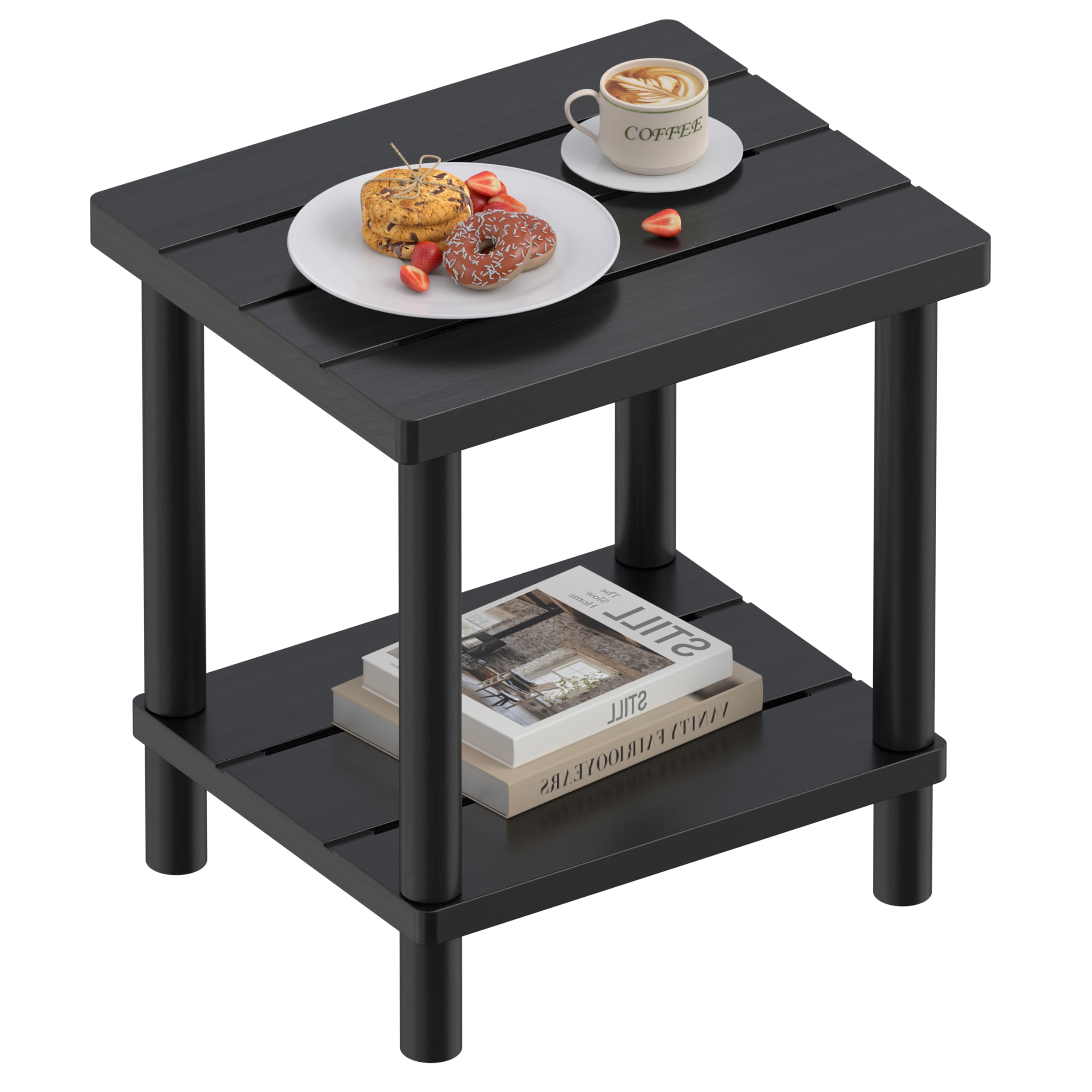 Outdoor Side Table with 2-Tier, Bamboo Small Patio Adirondack Tables | Black,Eas