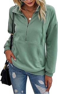 PRETTYGARDEN Casual Zipper Sweatshirt Long Sleeve Women Drawstring Loose Quarter Zip Pullover Tops with Pockets