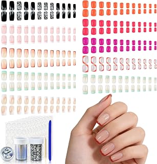 10 Pack Push Nails, Mixed Color Glossy Red Purple False Nails, Salon Pre-Designed Black Silver French Nail Art Tips, Daily Nails Gifts for Women Girls with Adhesive Tab