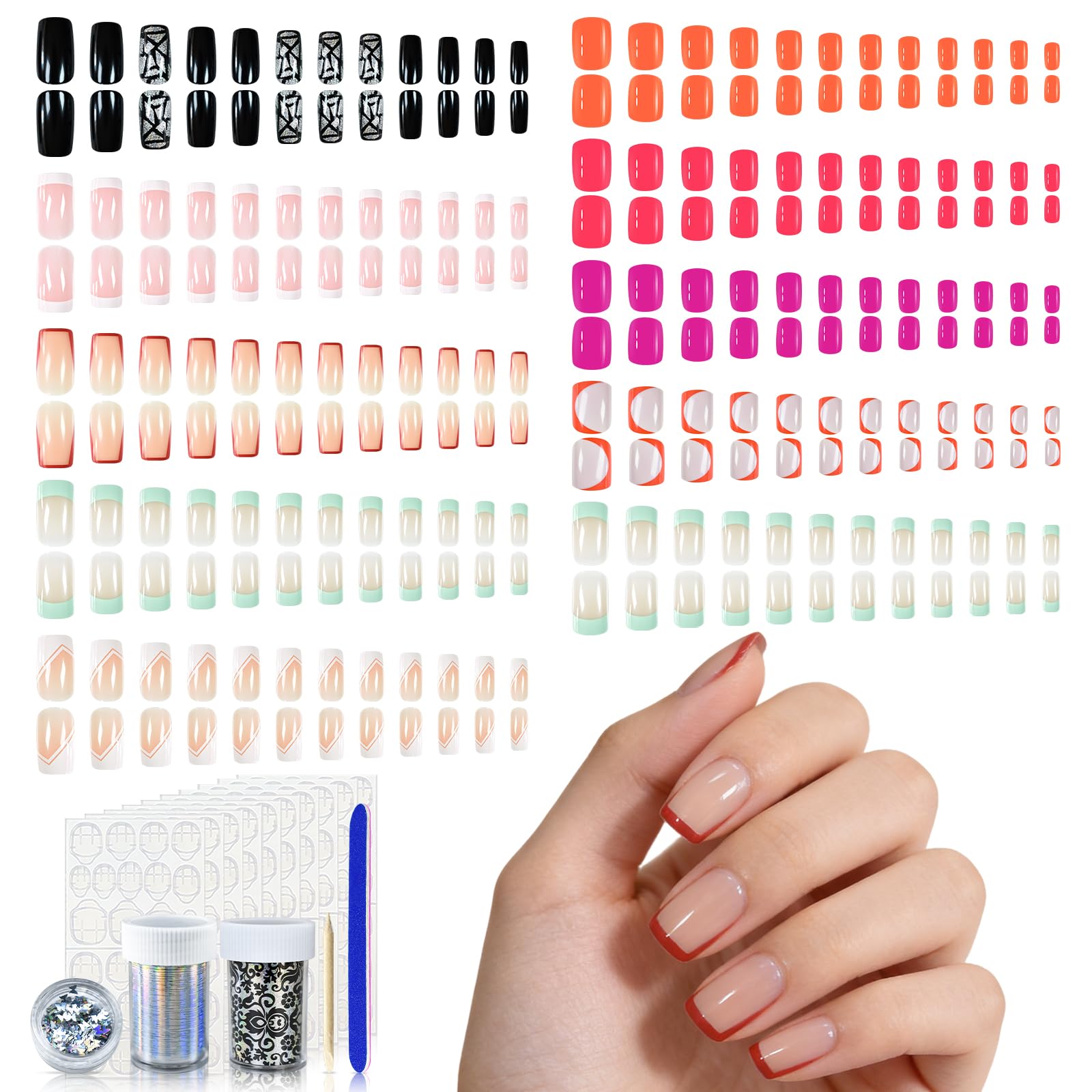 10 Pack Push Nails, Mixed Color Glossy Red Purple False Nails, Salon Pre-Designe