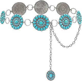 Turquoise Chain Belt for Women, Western Cowgirl Concho Belt