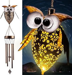 Cheri Bliss Solar Wind Chimes Outdoor - Owl Decoration, 6 pcs Chime Pipes Metal Windchimes Outdoors for Garden, Yard, Patio, Landscape, Gifts for Mom Women Grandma(Owl)