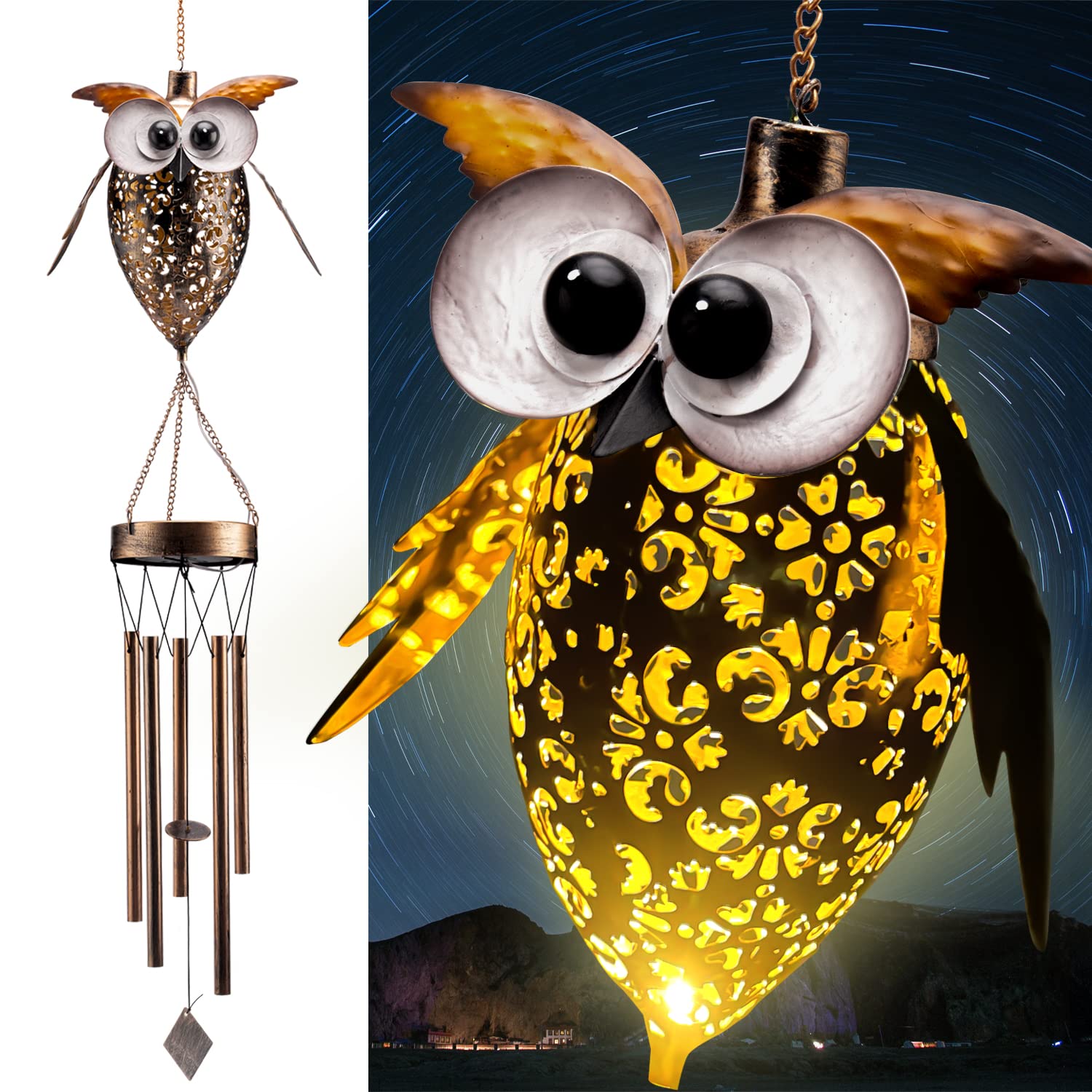 Cheri Bliss Solar Wind Chimes Outdoor - Owl Decoration, 6 pcs Chime Pipes Metal 