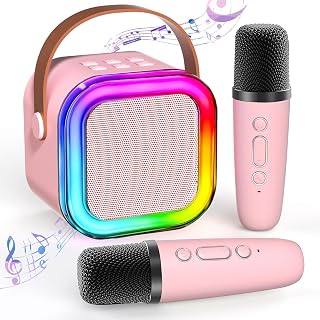 TAEMVV Mini Karaoke Machine for Kids,Portable BT Speaker with 2 Wireless Microphones and LED Light Holiday Birthday Gift Toy for Boys and Girls Teens Over 4,5,6,7,8,9,10,11,12+ Years Old(Pink)